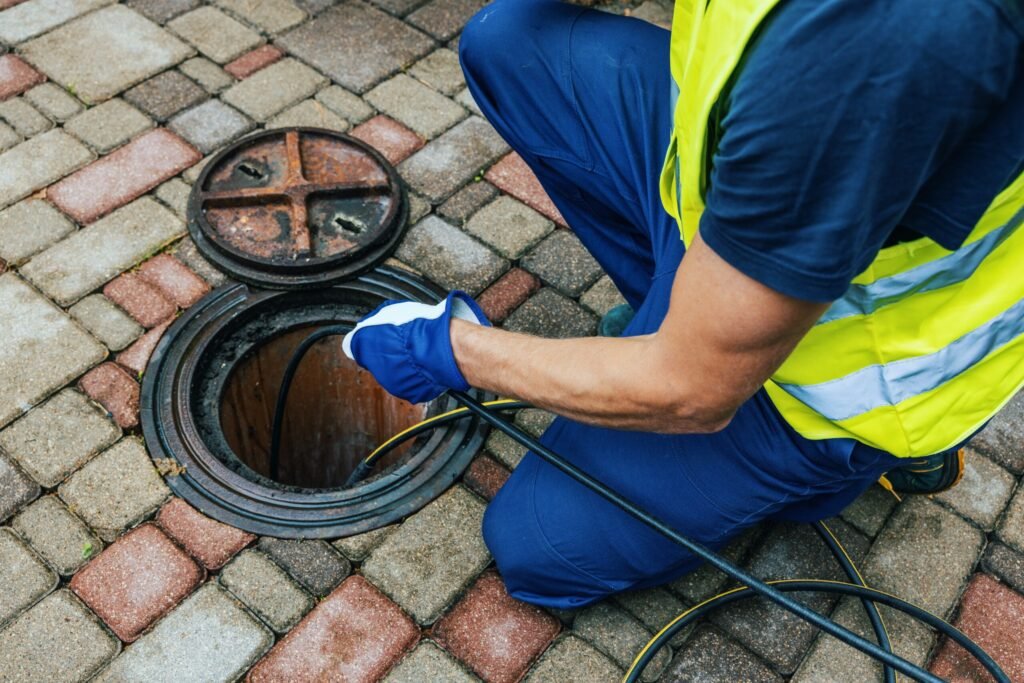 A man in a yellow vest and blue gloves repairs a water drain, performing water drainage work to ensure proper functionality.