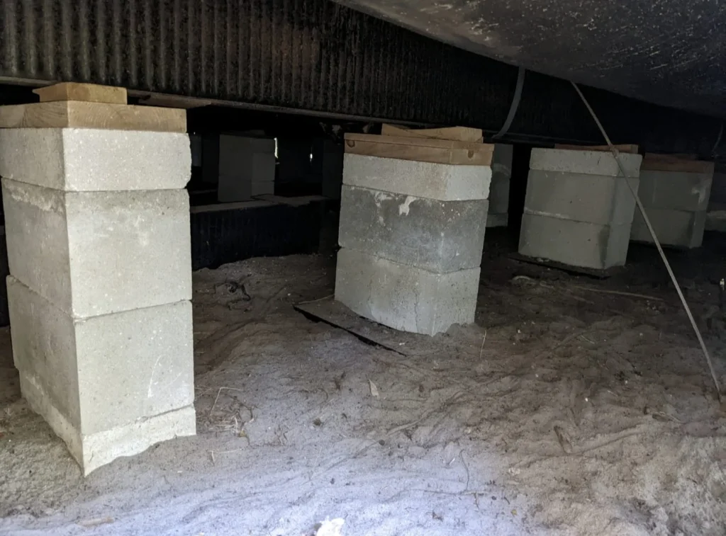 A mobile home relevelling work is in progress and image is hsowing us the view from down under. 