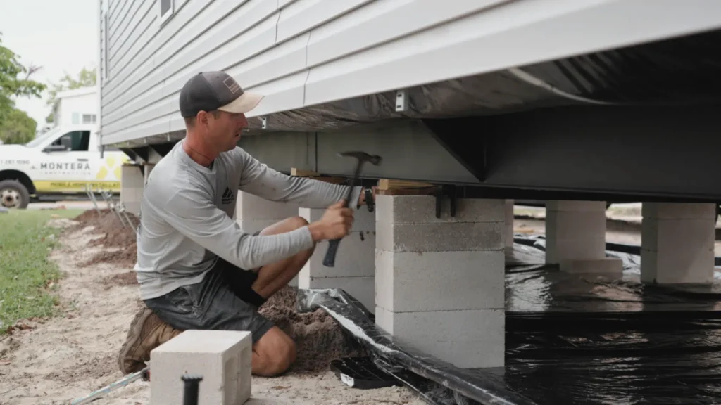 A worker is working on mobile homes re levelling